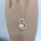 Gourd Shape Shell Pearl Necklace for Women, Lucky Hollow Gourd Pendant Inlaid Cubic Zirconia, Gold & Silver Two Tone Options