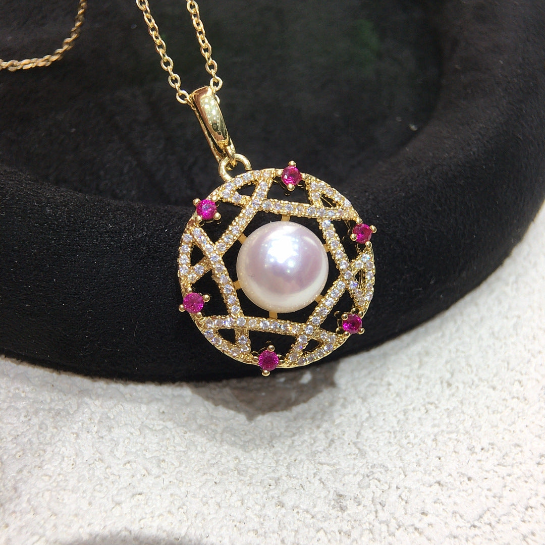 Vintage Hollow‑out Shell Pearl Pendant Necklace, Pink Cubic Zirconia Luxury Women Clavicle Chain Jewelry