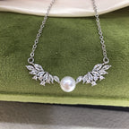 Wing‑Shape Micro‑Pave Cubic Zirconia Shell Pearl Pendant Necklace, Fashion Women Clavicle Chain
