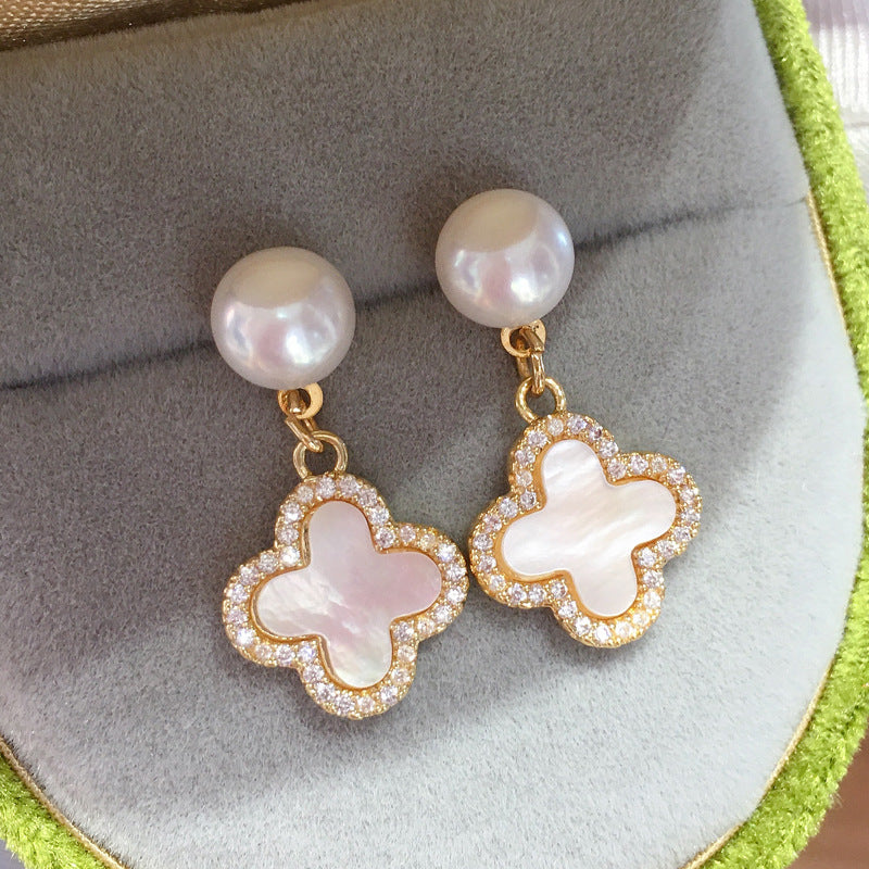 Four‑Leaf Clover Shell Pearl Drop Earrings, 18K Gold Plated, 925 Sterling Silver Post