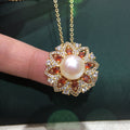 Vintage Sunflower Shell Pearl Pendant Necklace for Women, Luxury Paved Cubic Zirconia Flower Design, 18K Gold Tone Elegant Pearl Jewelry