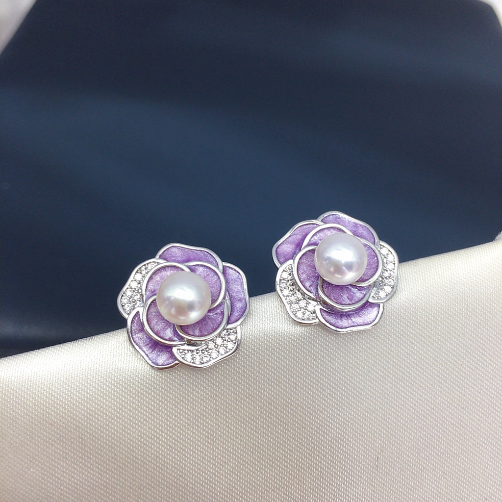 Vintage Camellia Shell Pearl Stud Earrings, Enamel Micro‑Pave Cubic Zirconia Women Ear Jewelry