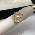 Vintage Floral Shell Pearl Open Ring for Women, Paved Cubic Zirconia Flower Statement Ring, 18K Gold Tone Luxury Pearl Jewelry