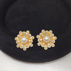 Vintage Floral Shell Pearl Stud Earrings for Women, Paved Cubic Zirconia Flower Pearl Earrings, 18K Gold Tone Luxury Jewelry