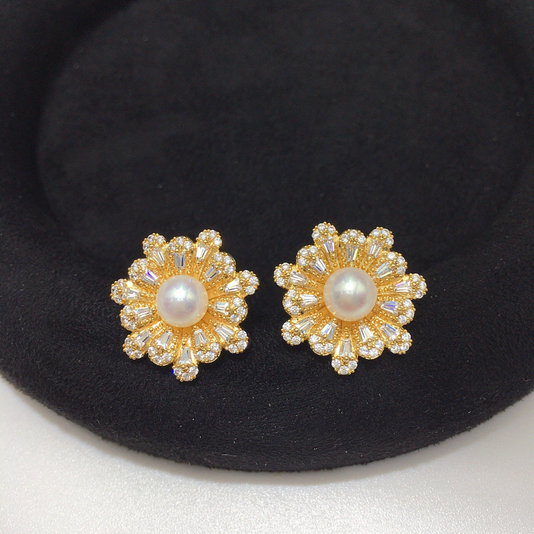 Vintage Floral Shell Pearl Stud Earrings for Women, Paved Cubic Zirconia Flower Pearl Earrings, 18K Gold Tone Luxury Jewelry