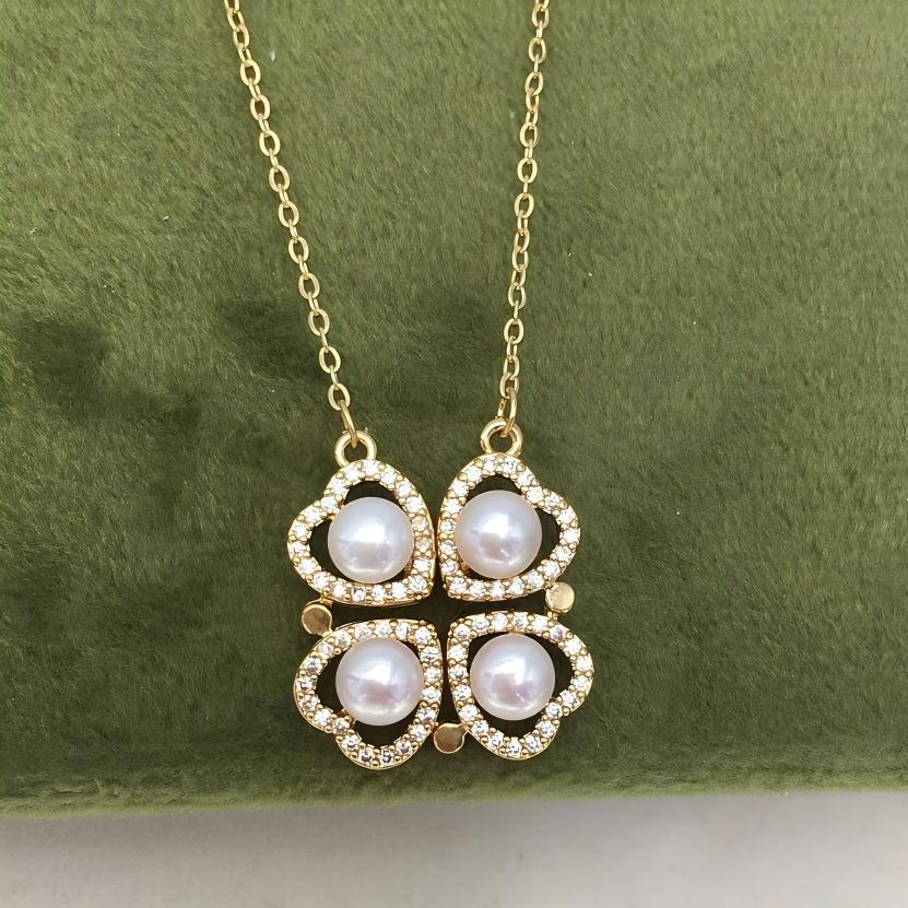 Magnetic Convertible Four‑Leaf‑Clover Shell Pearl Pendant Necklace, Micro‑Pave Cubic Zirconia Two‑Way Wear Women Jewelry