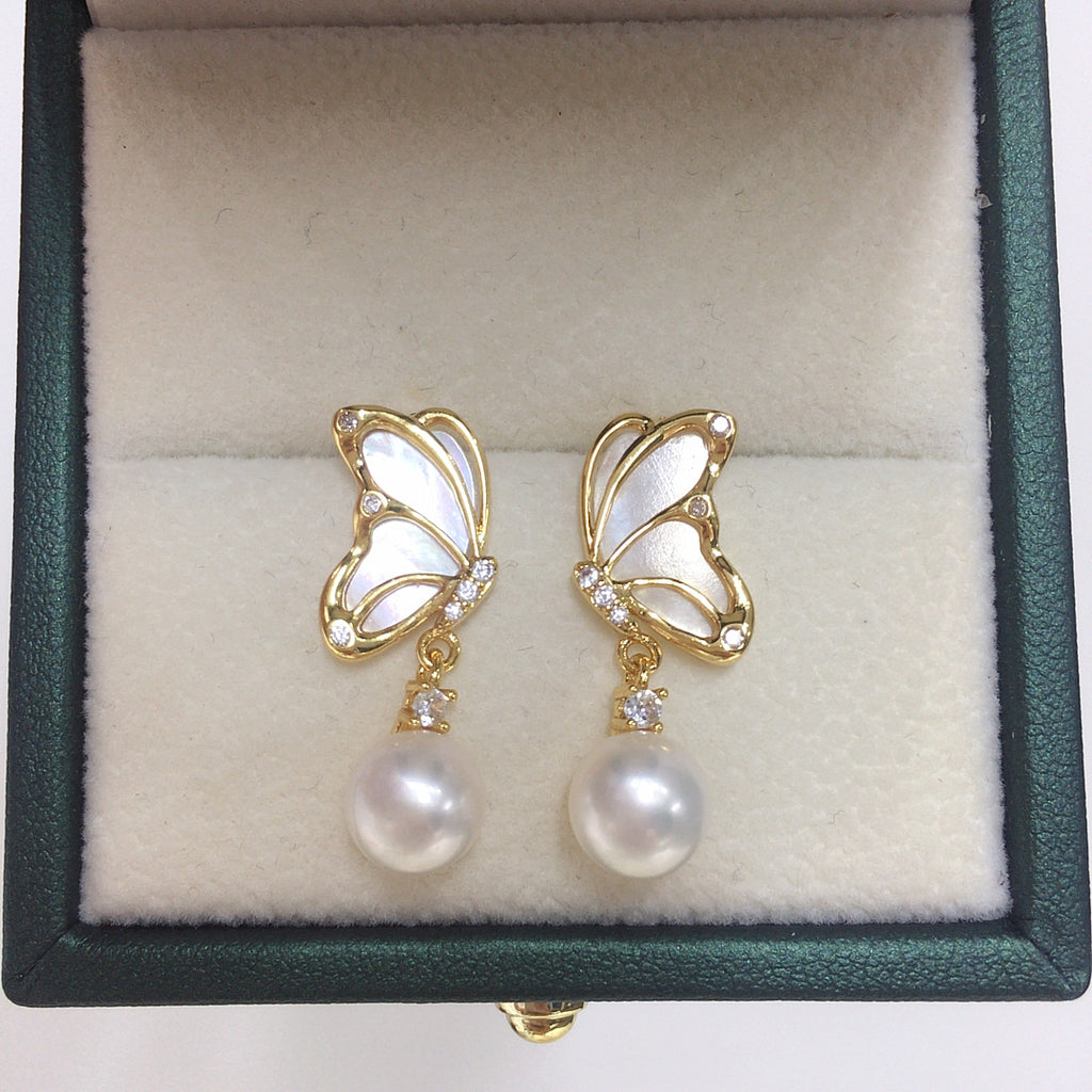 Butterfly Shell‑Pearl Drop Earrings for Women, 925 Sterling Silver Post
