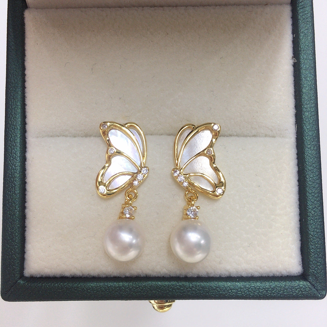 Butterfly Shell‑Pearl Drop Earrings for Women, 925 Sterling Silver Post