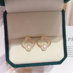 Square Cubic Zirconia Shell Pearl Stud Earrings for Women, 18K Gold Tone Hollow Square Design, Luxurious Elegant Pearl Earrings