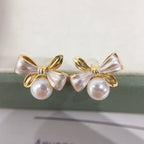 Dual‑Tone Bow Shell Pearl Stud Earrings, Exquisite Two‑Color Bow Design 925 Sterling Silver Post Earrings for Women