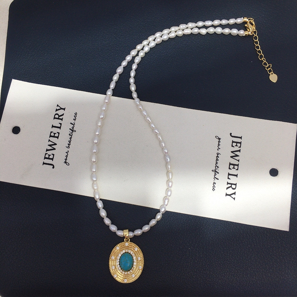 Vintage Turquoise Oval Pendant Necklace, Rice‑Shaped Shell Pearl Choker Necklace for Women