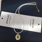 Vintage Turquoise Oval Pendant Necklace, Rice‑Shaped Shell Pearl Choker Necklace for Women