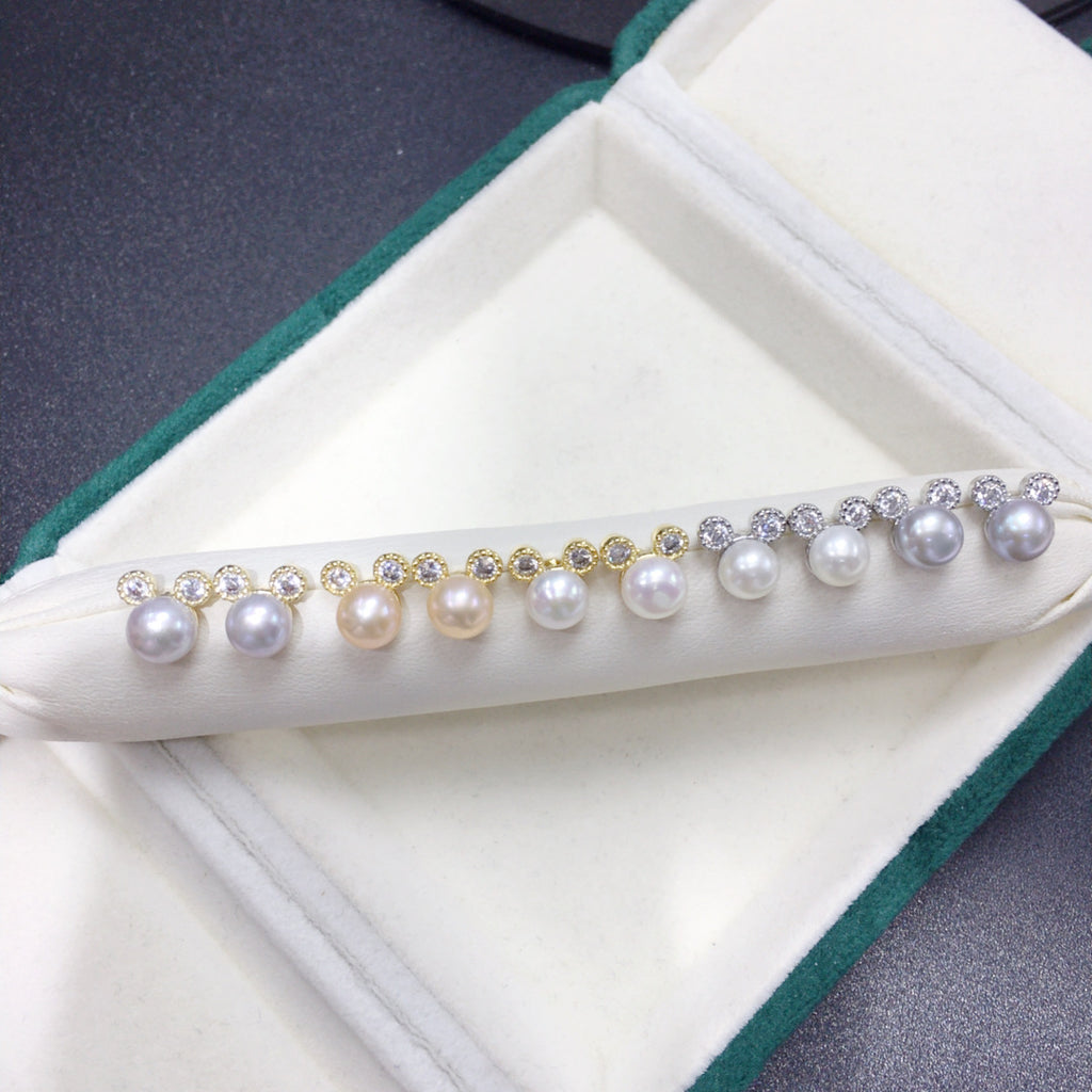 Cute Mickey‑Shaped Shell Pearl Stud Earrings, Dainty Delicate Pearl Earrings for Women