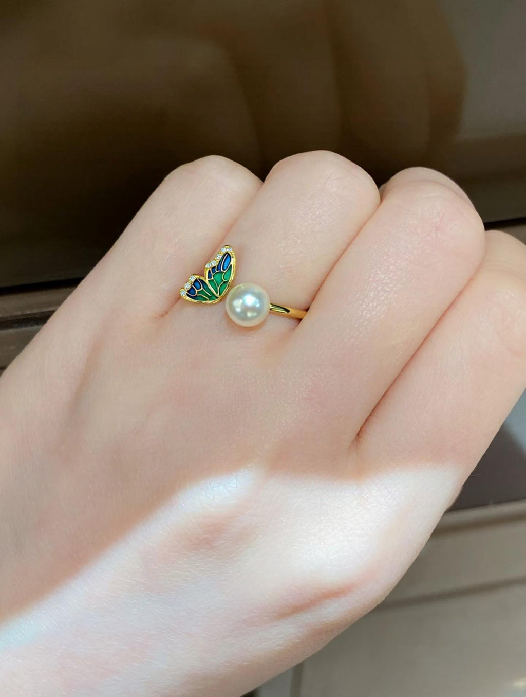 18K Gold‑Plated Butterfly Wing Pearl Ring, Fashion Shell‑Pearl Open Ring for Women
