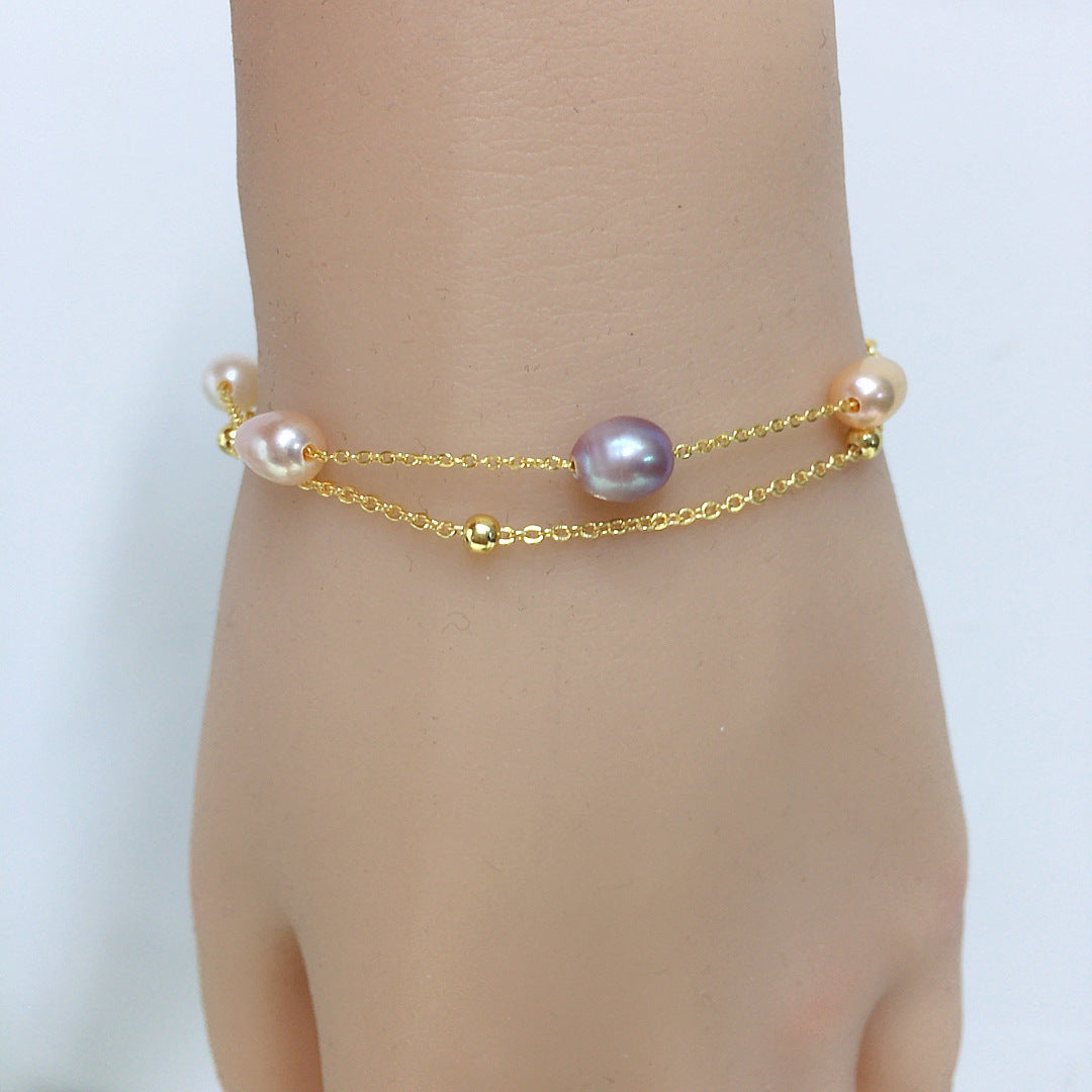 5‑6mm Rice‑Shape Shell Pearl Double Layer Bracelet, 18K Gold Filled Women Hand Jewelry