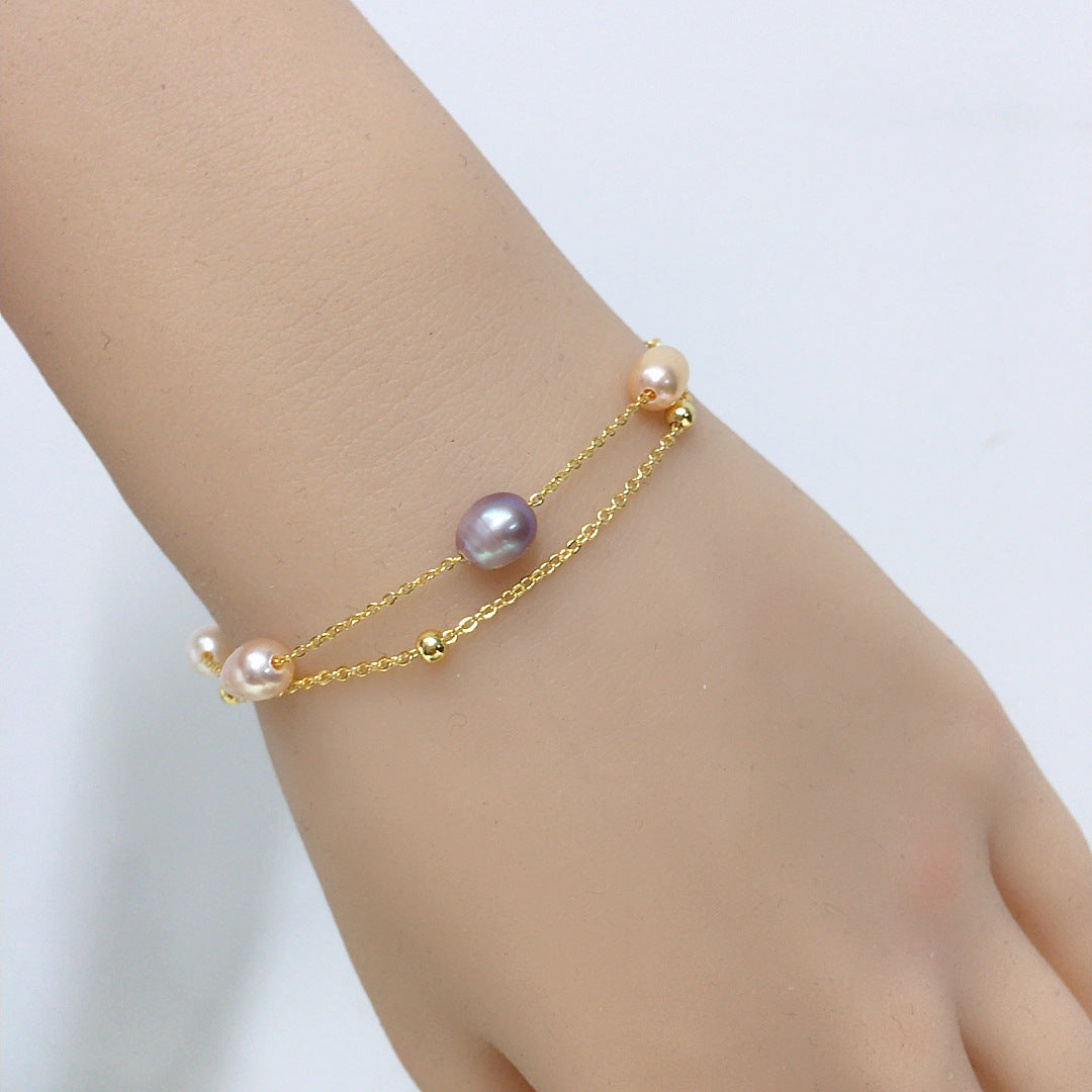 5‑6mm Rice‑Shape Shell Pearl Double Layer Bracelet, 18K Gold Filled Women Hand Jewelry
