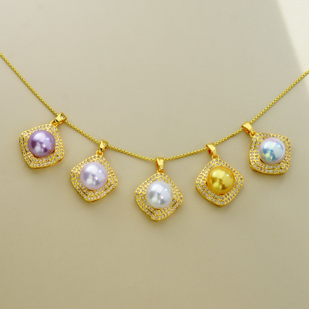 Square‑Shaped Zircon Shell‑Pearl Jewelry Set, Necklace Pendant & Stud Earrings, Elegant Matching Jewellery for Women