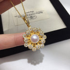 Vintage Floral Shell Pearl Pendant Necklace for Women, Sparkling Cubic Zirconia Flower Design, Versatile Clasp, 18K Gold Tone Pearl Jewelry