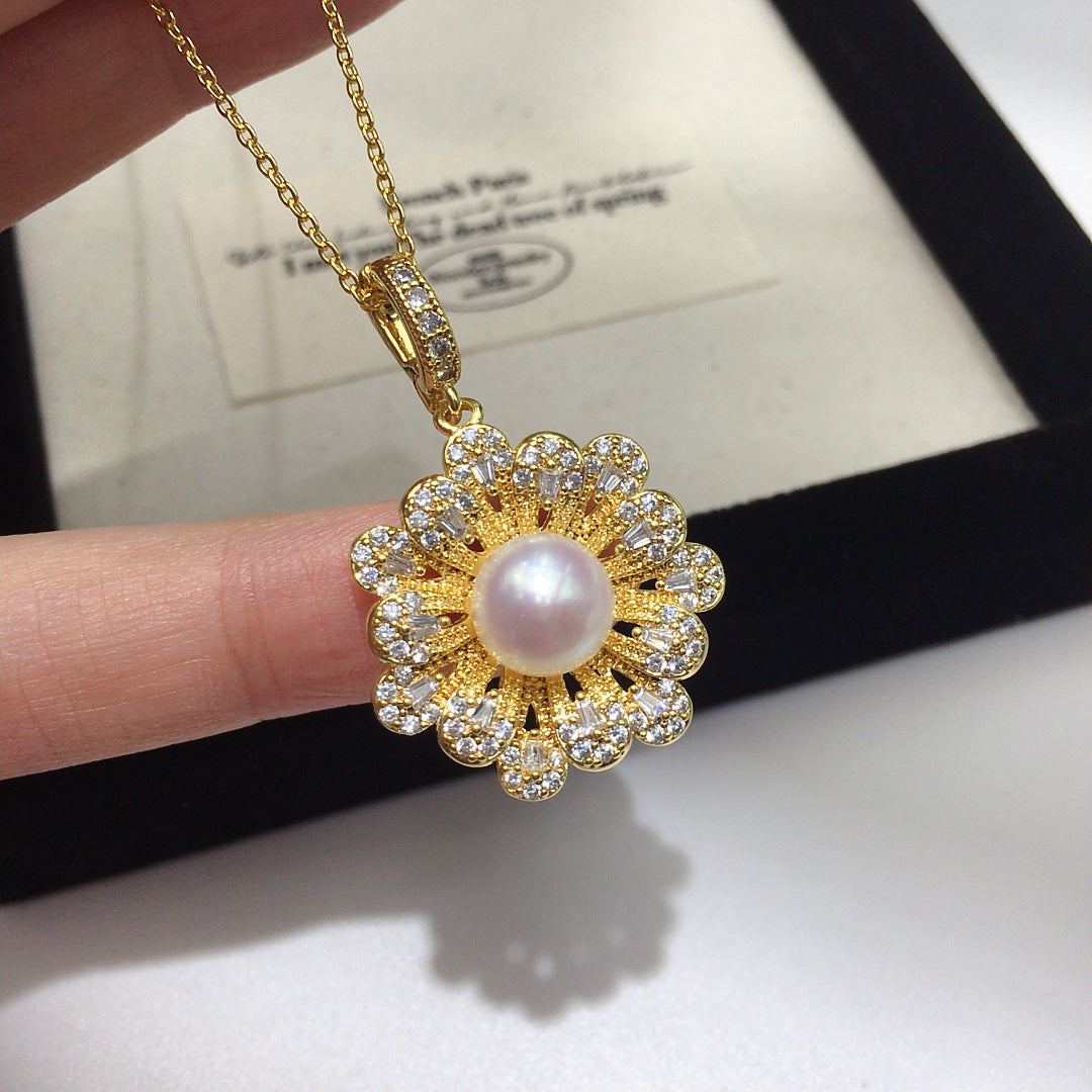 Vintage Floral Shell Pearl Pendant Necklace for Women, Sparkling Cubic Zirconia Flower Design, Versatile Clasp, 18K Gold Tone Pearl Jewelry