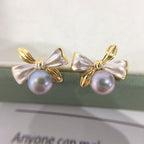 Dual‑Tone Bow Shell Pearl Stud Earrings, Exquisite Two‑Color Bow Design 925 Sterling Silver Post Earrings for Women