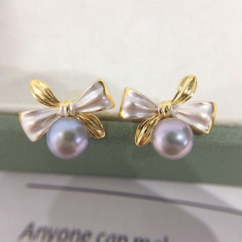 Dual‑Tone Bow Shell Pearl Stud Earrings, Exquisite Two‑Color Bow Design 925 Sterling Silver Post Earrings for Women
