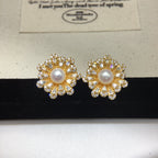 Vintage Floral Shell Pearl Stud Earrings for Women, Paved Cubic Zirconia Flower Pearl Earrings, 18K Gold Tone Luxury Jewelry