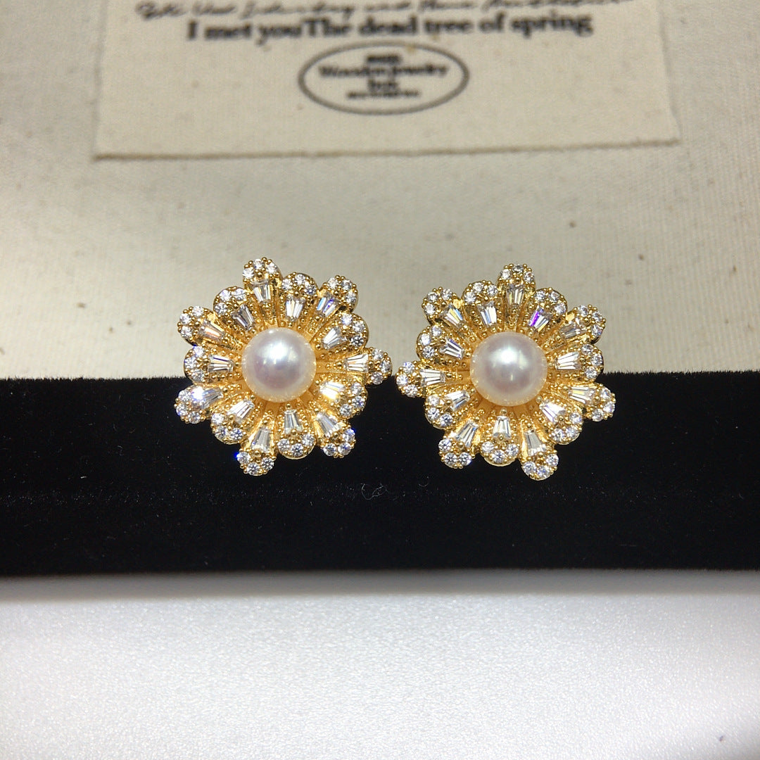 Vintage Floral Shell Pearl Stud Earrings for Women, Paved Cubic Zirconia Flower Pearl Earrings, 18K Gold Tone Luxury Jewelry