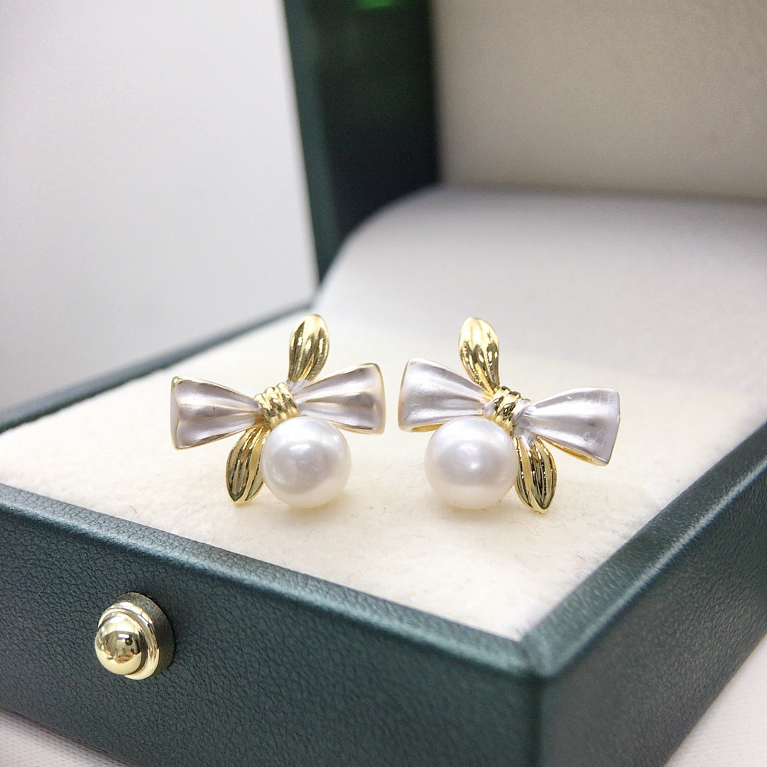 Women Bow Knot Shell Pearl Stud Earrings, Two Tone Enamel Gold Tone Elegant Minimalist Pearl Earrings Jewelry Gift