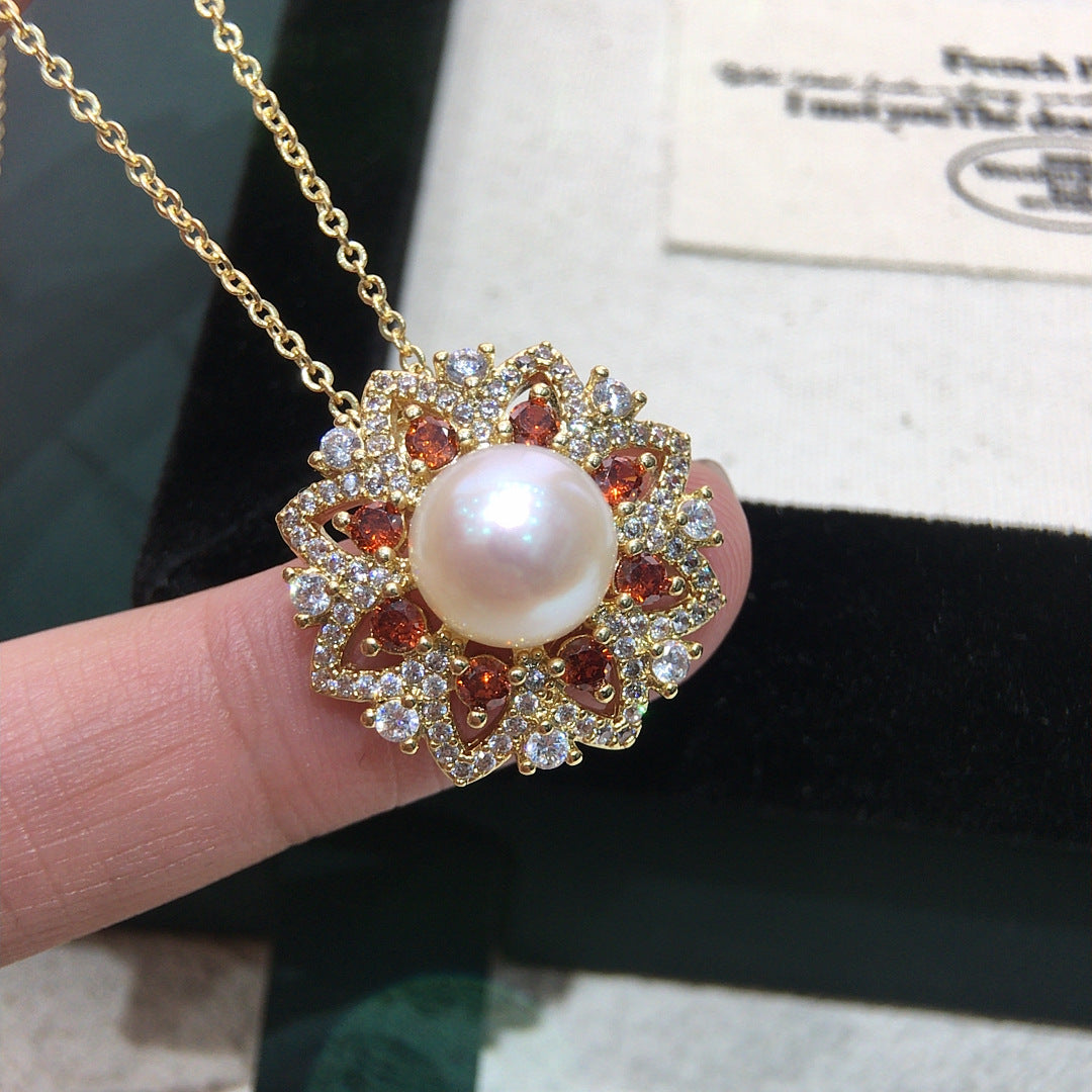 Vintage Sunflower Shell Pearl Pendant Necklace for Women, Luxury Paved Cubic Zirconia Flower Design, 18K Gold Tone Elegant Pearl Jewelry