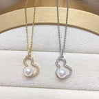 Gourd Shape Shell Pearl Necklace for Women, Lucky Hollow Gourd Pendant Inlaid Cubic Zirconia, Gold & Silver Two Tone Options