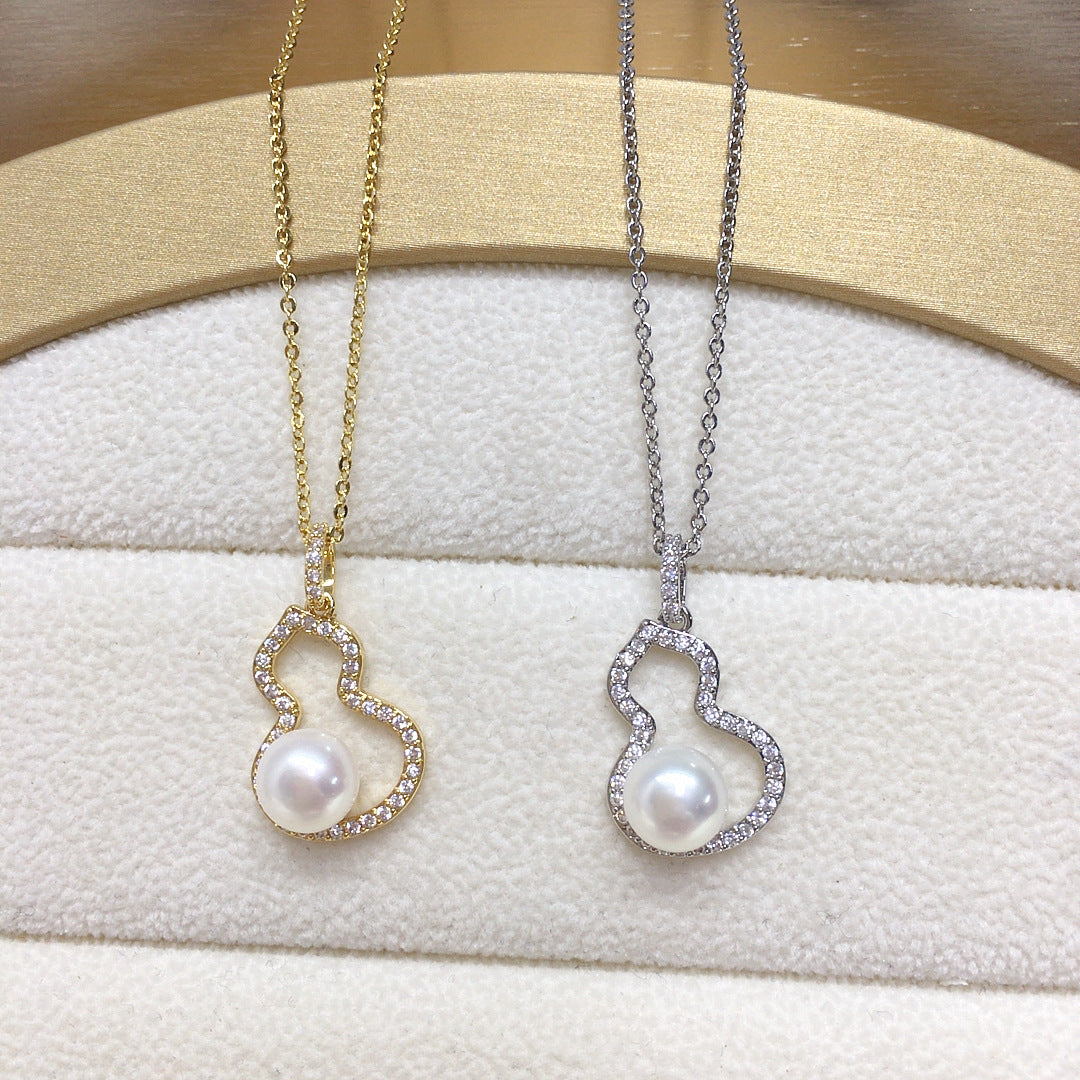 Gourd Shape Shell Pearl Necklace for Women, Lucky Hollow Gourd Pendant Inlaid Cubic Zirconia, Gold & Silver Two Tone Options