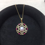 Vintage Hollow‑out Shell Pearl Pendant Necklace, Pink Cubic Zirconia Luxury Women Clavicle Chain Jewelry