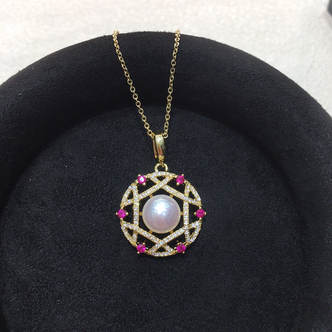 Vintage Hollow‑out Shell Pearl Pendant Necklace, Pink Cubic Zirconia Luxury Women Clavicle Chain Jewelry