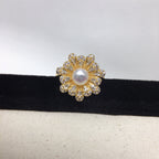 Vintage Floral Shell Pearl Open Ring for Women, Paved Cubic Zirconia Flower Statement Ring, 18K Gold Tone Luxury Pearl Jewelry