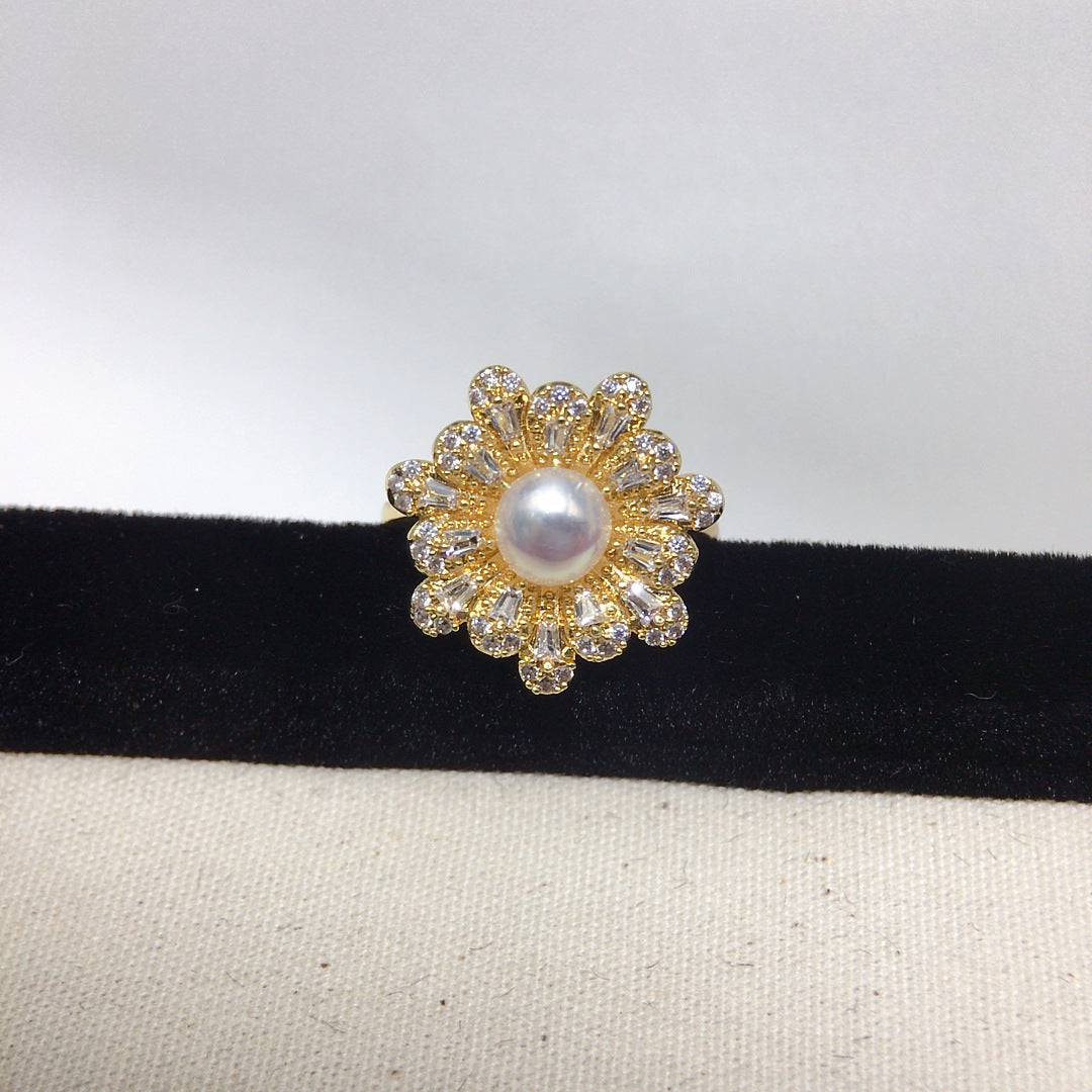 Vintage Floral Shell Pearl Open Ring for Women, Paved Cubic Zirconia Flower Statement Ring, 18K Gold Tone Luxury Pearl Jewelry