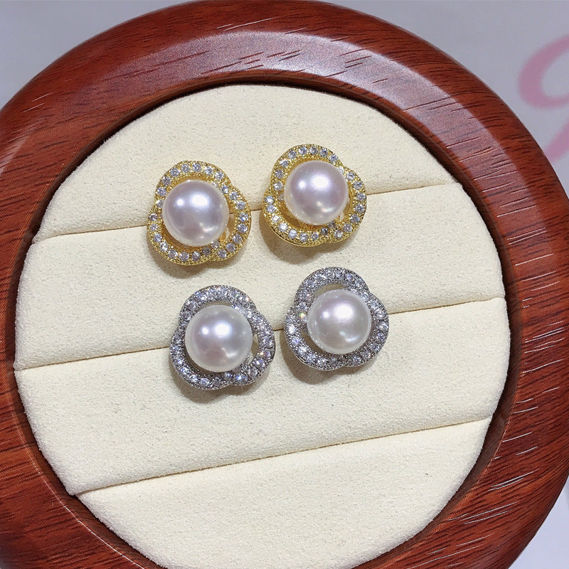 Clover Hollow Micro‑Pave Zircon Shell Pearl Stud Earrings,18K Gold‑Tone / Silver‑Tone 925 Sterling Silver Post Earrings for Women