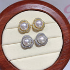 Clover Hollow Micro‑Pave Zircon Shell Pearl Stud Earrings,18K Gold‑Tone / Silver‑Tone 925 Sterling Silver Post Earrings for Women