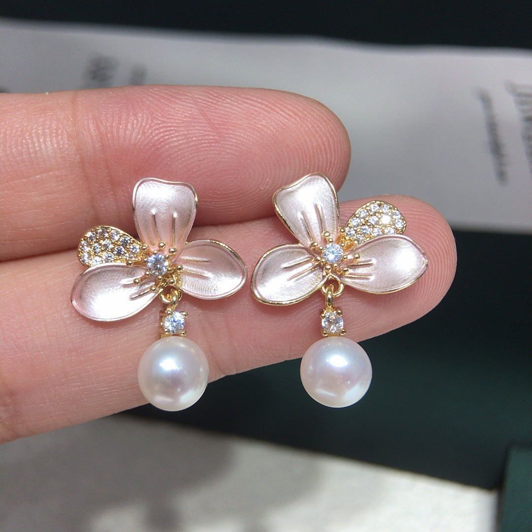 Enamel Flower Shell Pearl Drop Earrings, Micro‑Pave Cubic Zirconia Dainty Pearl Earrings for Women