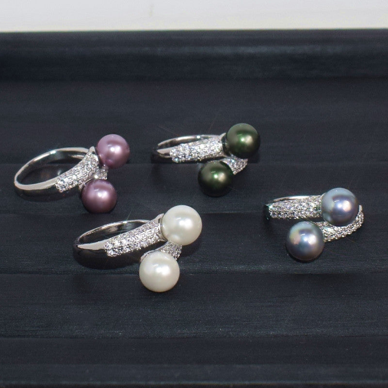 Two‑Pearl Open Adjustable Ring, Round High‑Lustre Shell Pearl, Daily Wear Versatile Jewelry