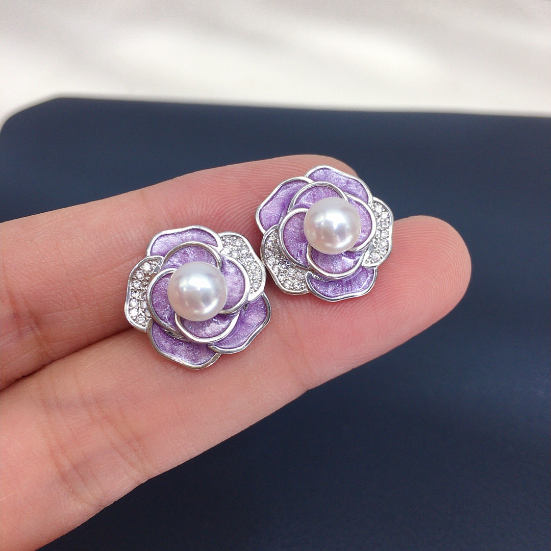 Vintage Camellia Shell Pearl Stud Earrings, Enamel Micro‑Pave Cubic Zirconia Women Ear Jewelry