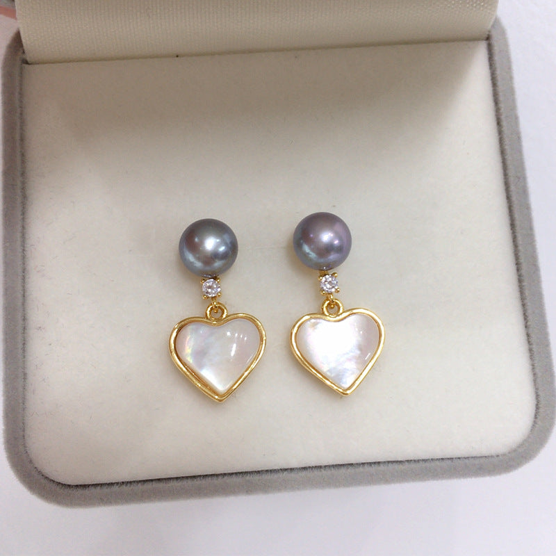 Heart‑Shaped Shell Pearl Drop Earrings, Natural Shell Inlay 18K Gold‑Tone 925 Sterling Silver Post Earrings for Women