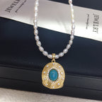 Vintage Turquoise Oval Pendant Necklace, Rice‑Shaped Shell Pearl Choker Necklace for Women