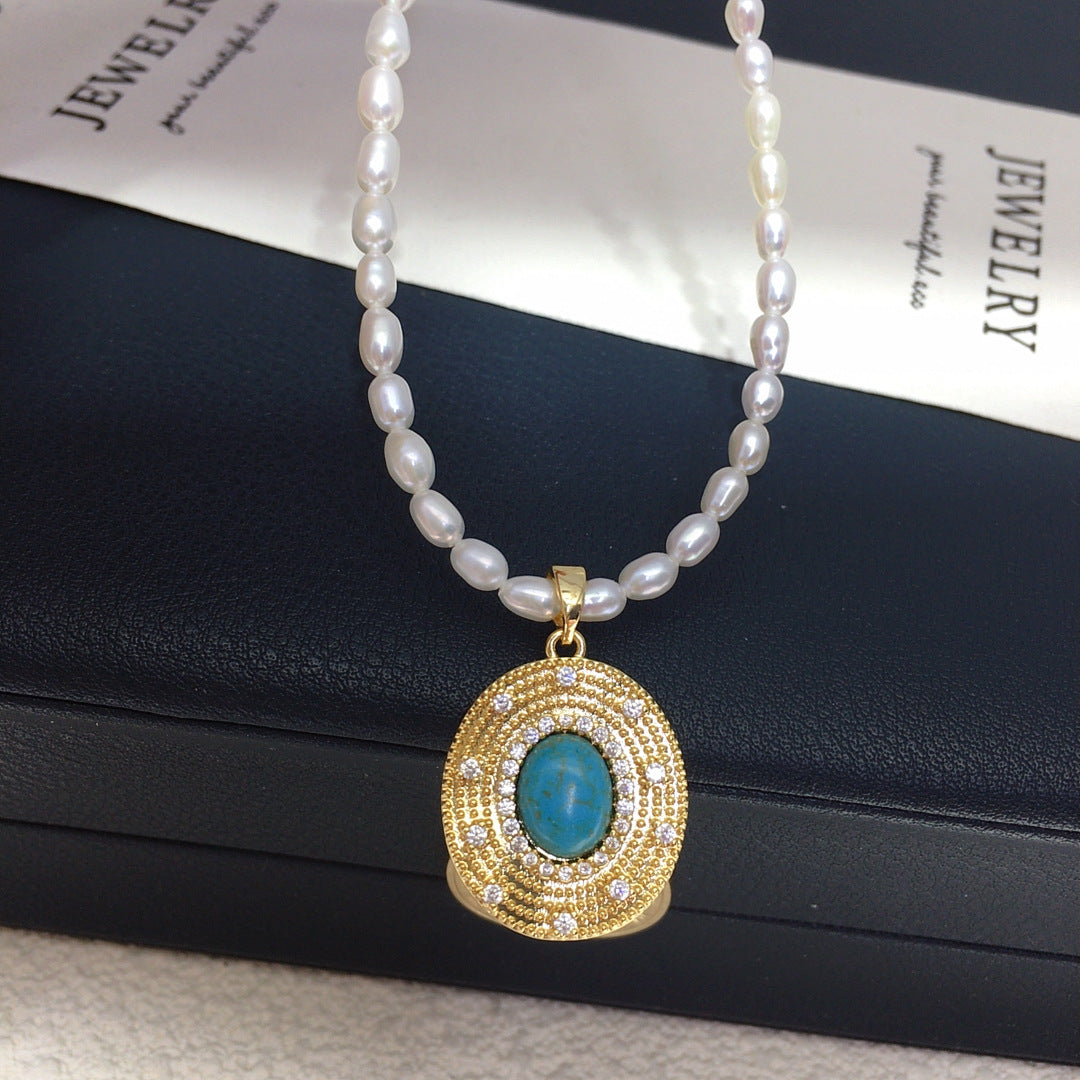 Vintage Turquoise Oval Pendant Necklace, Rice‑Shaped Shell Pearl Choker Necklace for Women