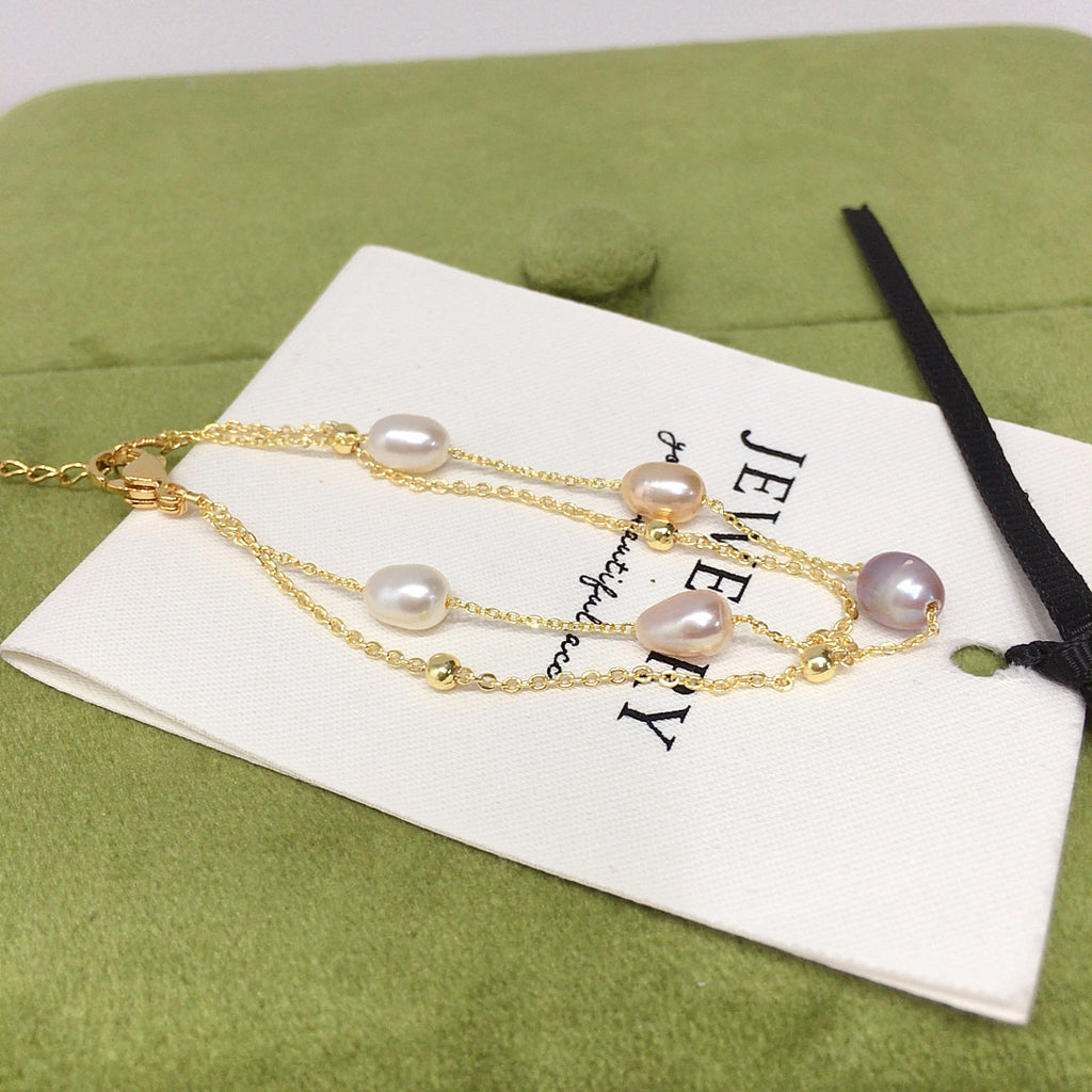 5‑6mm Rice‑Shape Shell Pearl Double Layer Bracelet, 18K Gold Filled Women Hand Jewelry