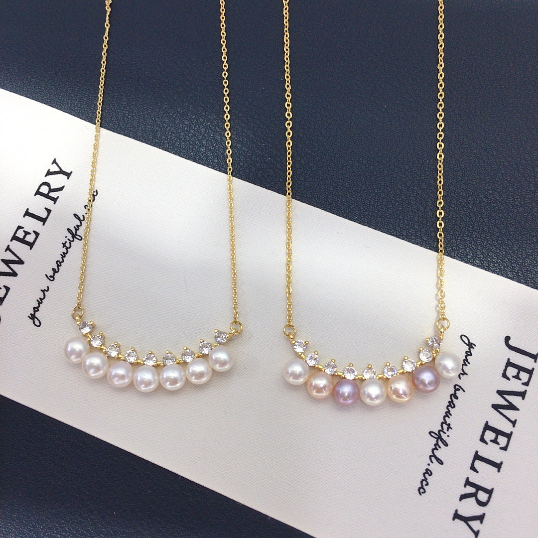 Smile Shape Multi‑Shell Pearl Necklace, Mixed‑Color Pearl Pendant with Cubic Zirconia 18K Gold‑Tone Chain for Women
