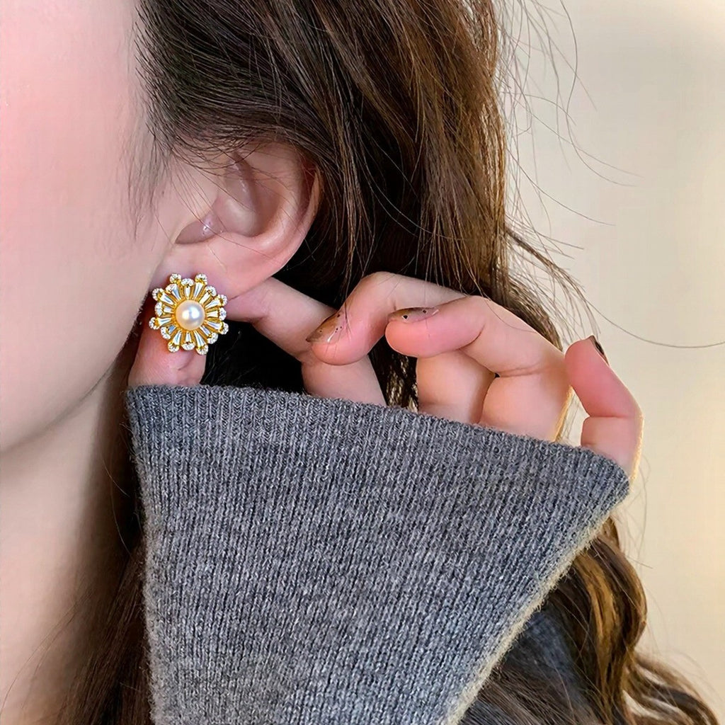 Vintage Floral Shell Pearl Stud Earrings for Women, Paved Cubic Zirconia Flower Pearl Earrings, 18K Gold Tone Luxury Jewelry