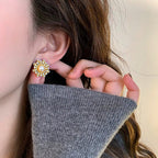 Vintage Floral Shell Pearl Stud Earrings for Women, Paved Cubic Zirconia Flower Pearl Earrings, 18K Gold Tone Luxury Jewelry