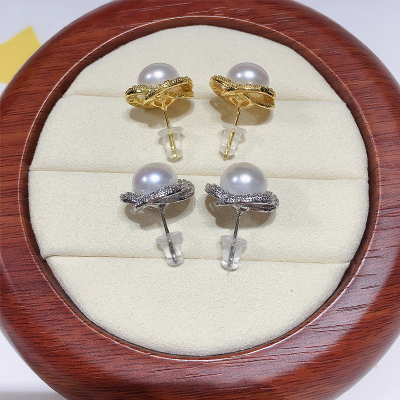 Clover Hollow Micro‑Pave Zircon Shell Pearl Stud Earrings,18K Gold‑Tone / Silver‑Tone 925 Sterling Silver Post Earrings for Women