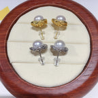 Clover Hollow Micro‑Pave Zircon Shell Pearl Stud Earrings,18K Gold‑Tone / Silver‑Tone 925 Sterling Silver Post Earrings for Women