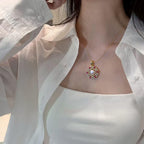 Vintage Hollow‑out Shell Pearl Pendant Necklace, Pink Cubic Zirconia Luxury Women Clavicle Chain Jewelry
